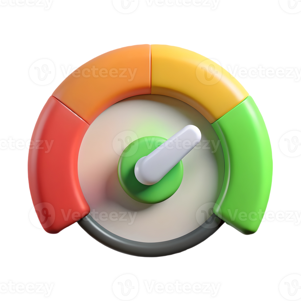 Colorful 3D gauge with red, yellow, green segments and a white indicator needle pointing to green, on a transparent background, . png