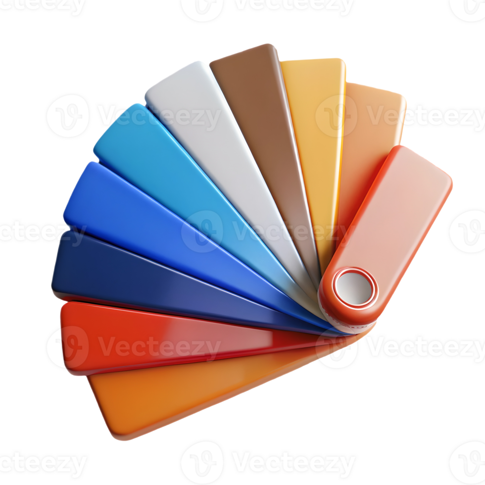 Colorful 3D render of a fan-shaped color palette guide featuring a variety of vibrant and metallic colors on a transparent background, . png
