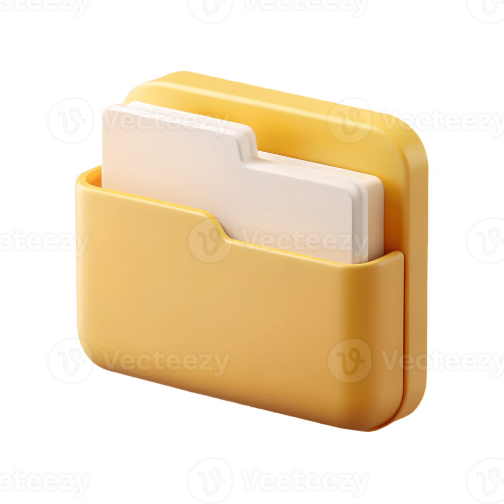 3D rendered yellow folder icon with a white file, isolated on a transparent background, . png