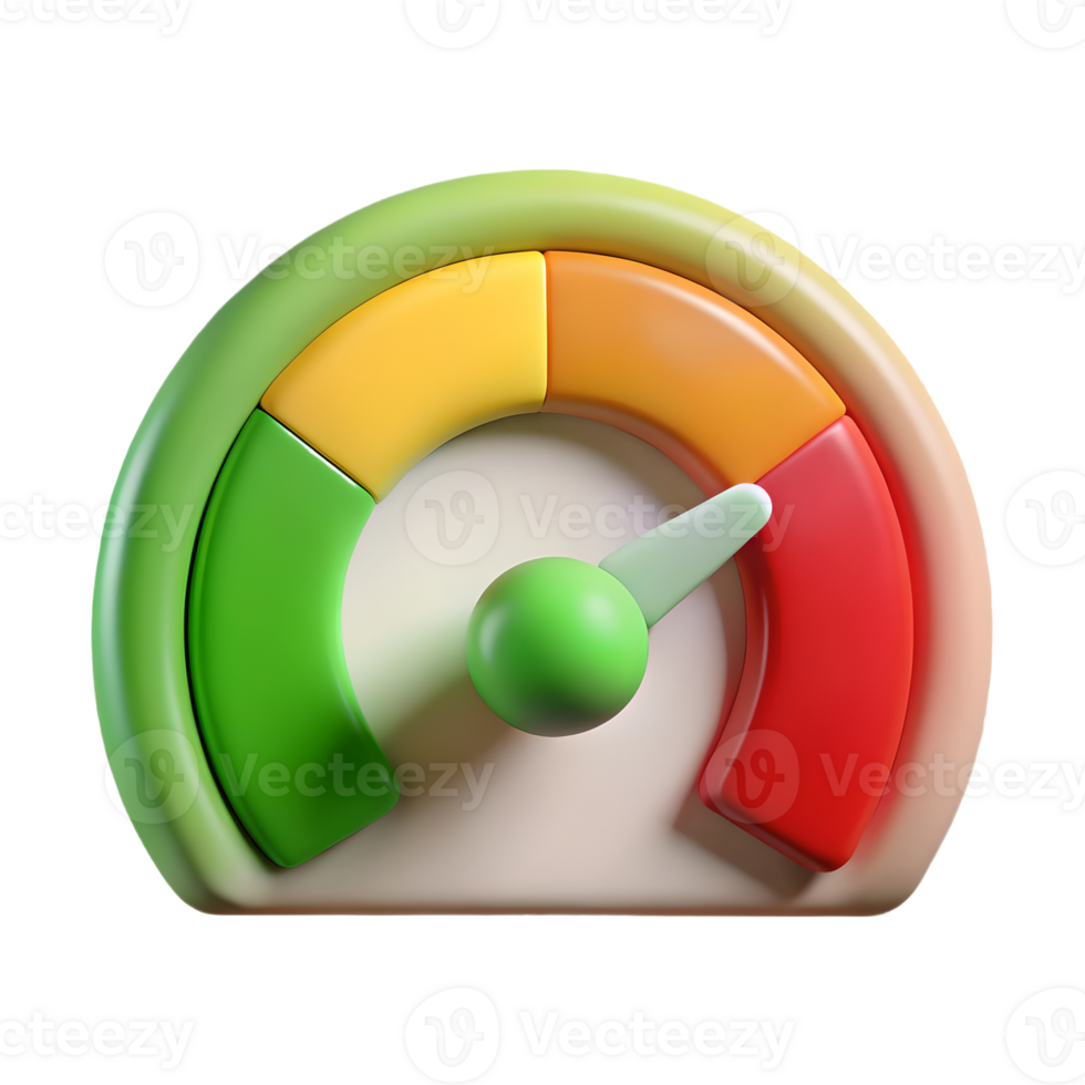 3D Colorful Performance Meter with Green, Yellow, Orange, and Red Sections on a transparent background, png