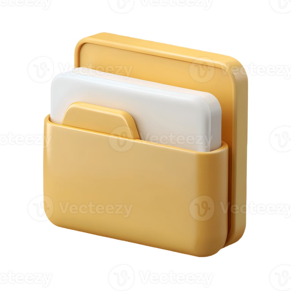 3D rendered yellow folder icon with a white document, symbolizing organization and storage, perfect for digital interfaces on a transparent background, . png