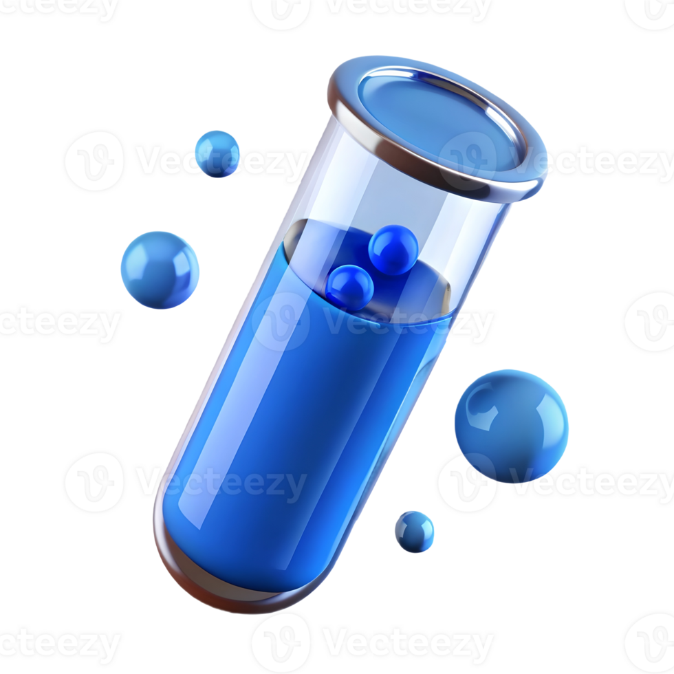 A 3D-rendered test tube filled with blue liquid and spheres, floating on a transparent background, . png