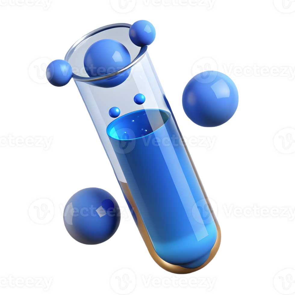 3D Render of a Blue Liquid-Filled Test Tube with Floating Spheres on a Transparent Background, on a transparent background, png