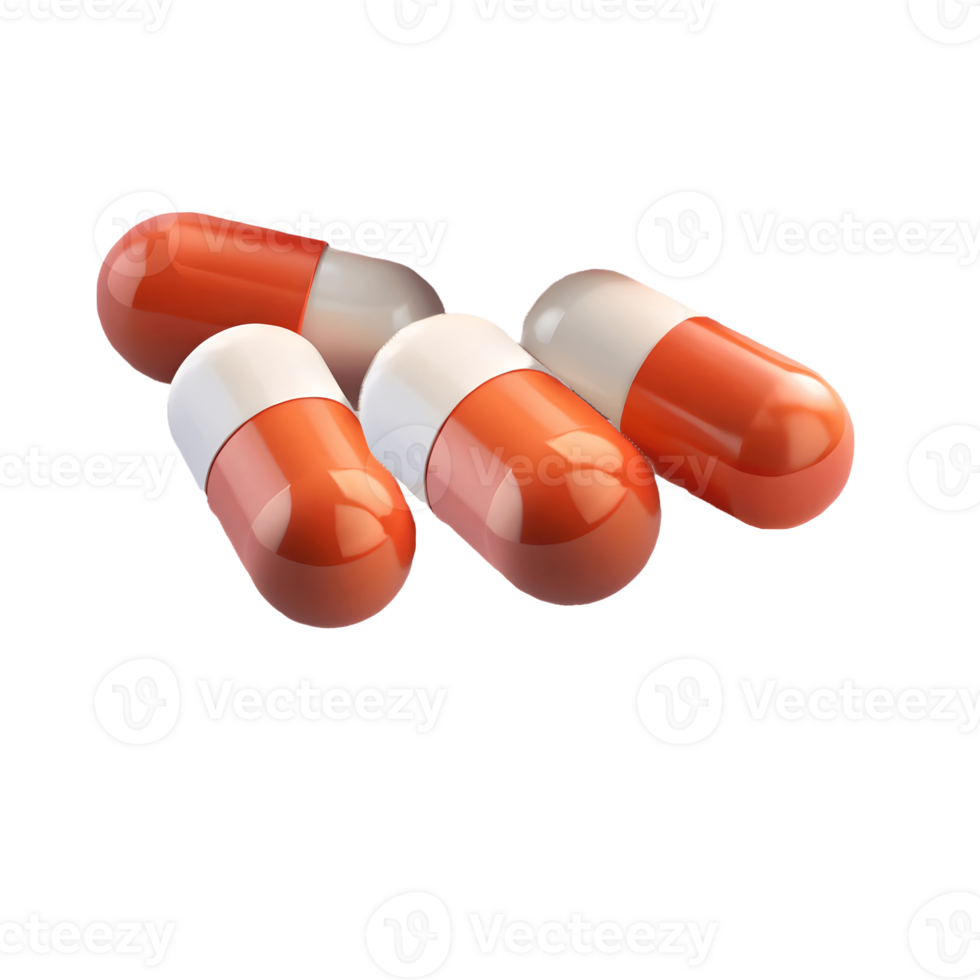Four glossy orange and white pharmaceutical capsules arranged in a cluster on a transparent background, . png