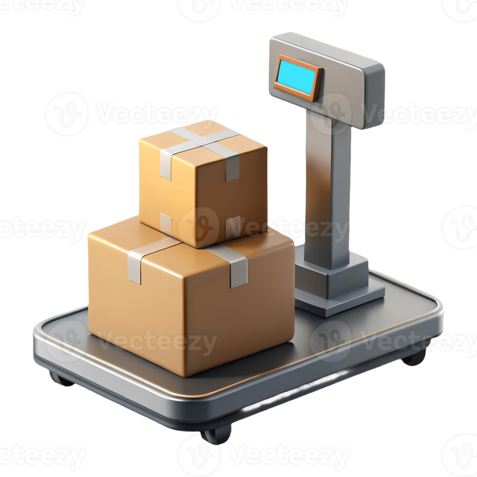 Modern digital scale with two cardboard boxes on a transparent background, , perfect for logistics and shipping illustrations. png