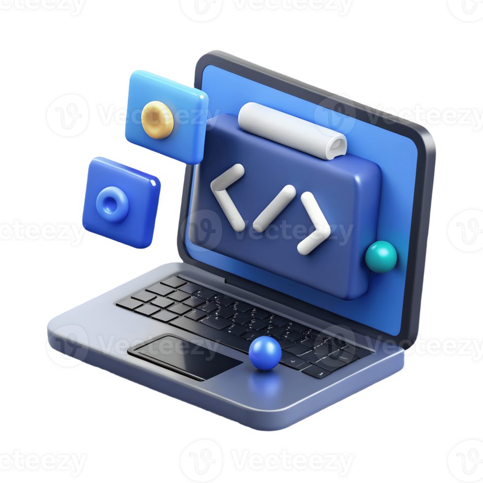 3D Rendered Laptop with Coding Symbols and Floating Icons on a Transparent Background, on a transparent background, png