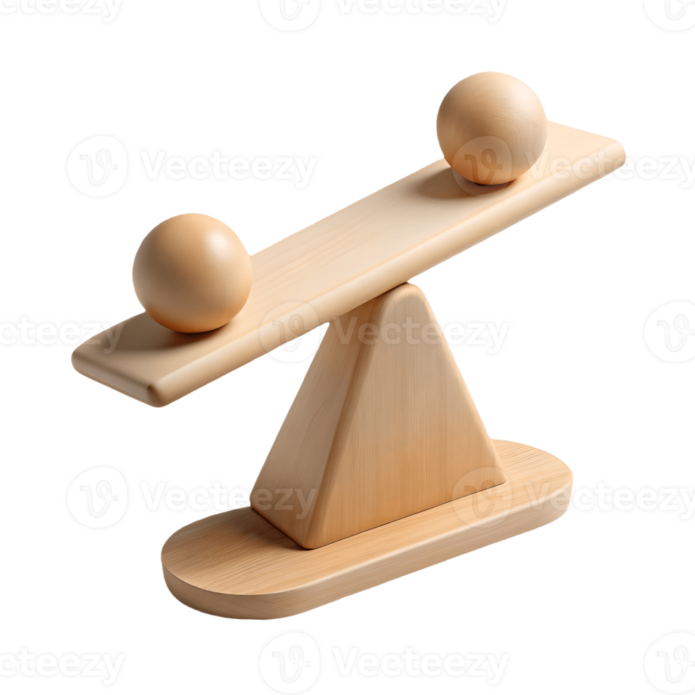 Minimalist 3D Render of a Wooden Seesaw with Spheres, Symbolizing Balance and Equilibrium on a transparent background, png