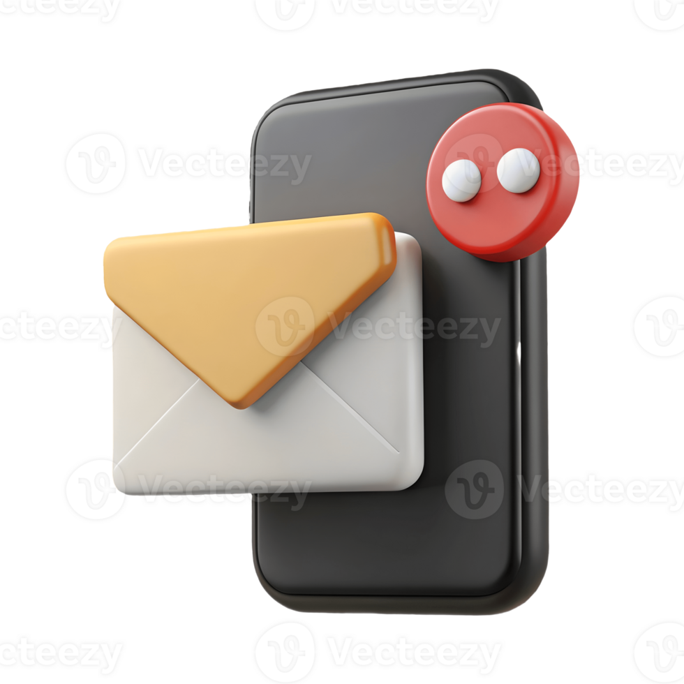 3D smartphone with a large envelope and notification icon on a transparent background, , symbolizing new email or message alert. png
