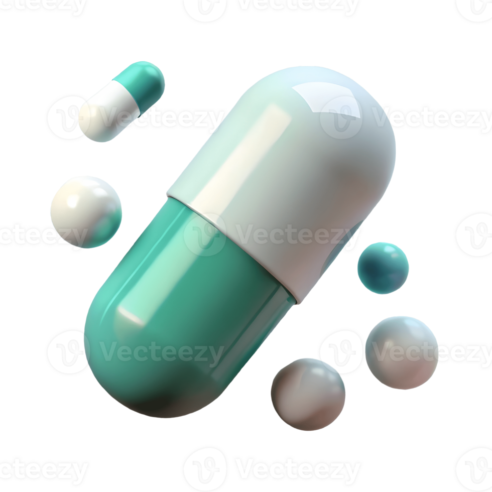 3D Render of a Large Green and White Pill Capsule with Smaller Pills and Spheres on a Transparent Background, on a transparent background, png