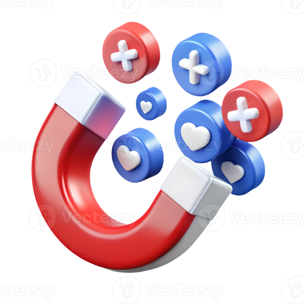 3D illustration of a red and white horseshoe magnet attracting social media icons, symbolizing engagement and interaction on a transparent background, . png