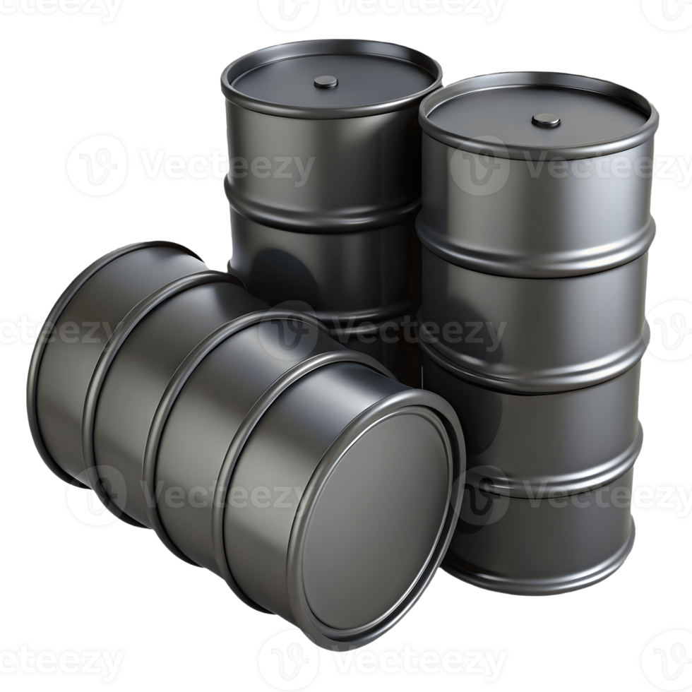 Three shiny metallic oil drums, one lying down and two standing, on a transparent background, . png