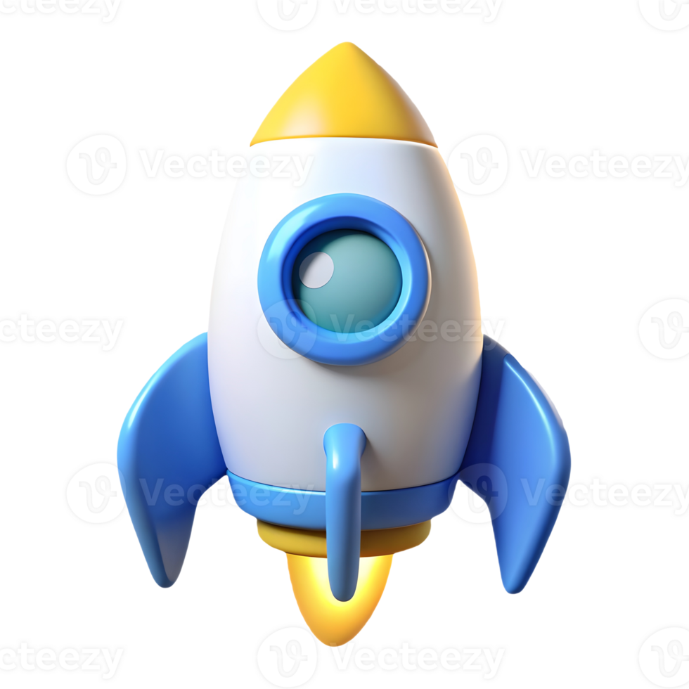Cute 3D cartoon rocket ship with blue fins and a yellow tip, ready for launch on a transparent background, . png