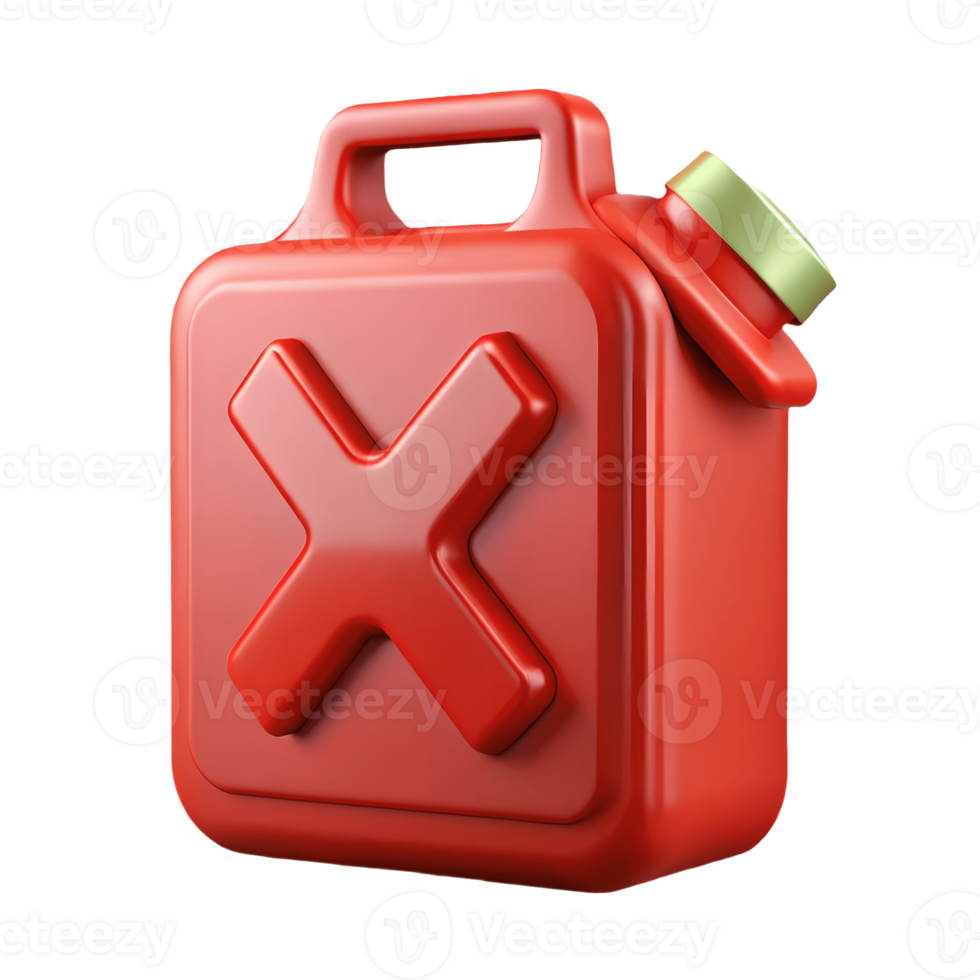 Red fuel canister with a large X symbol on a transparent background, , 3D rendering. png