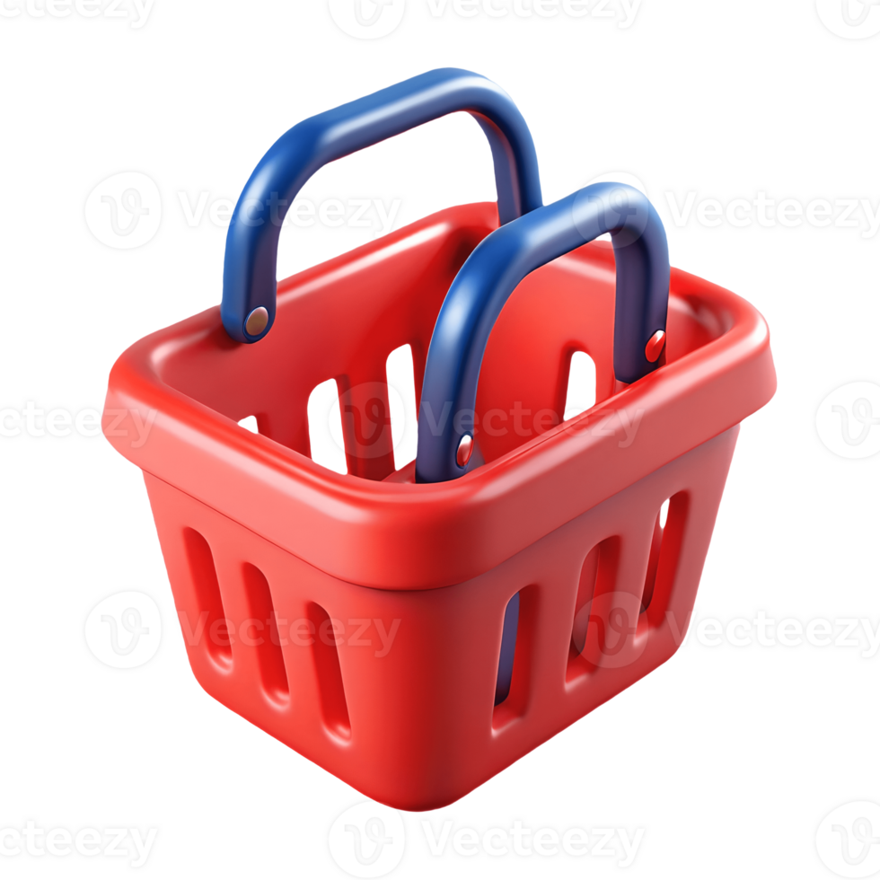 Red shopping basket with blue handles on a transparent background, , perfect for retail and e-commerce designs. png