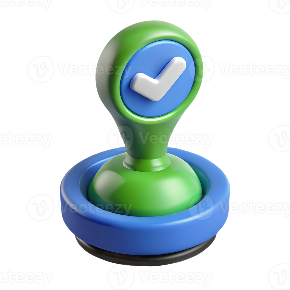 3D illustration of a green and blue approval stamp with a check mark, isolated on a transparent background, . png