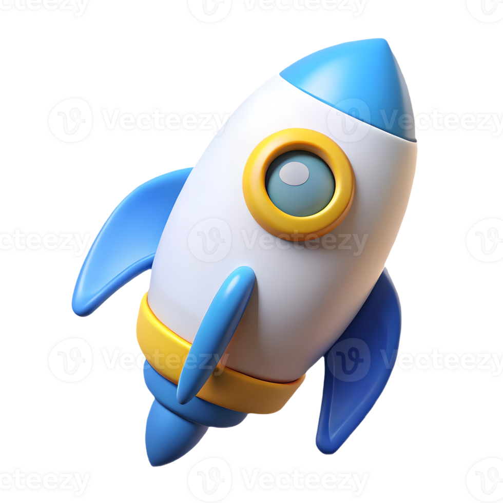 Cute 3D rocket with blue and white design, yellow accents, and a single window, on a transparent background, . png