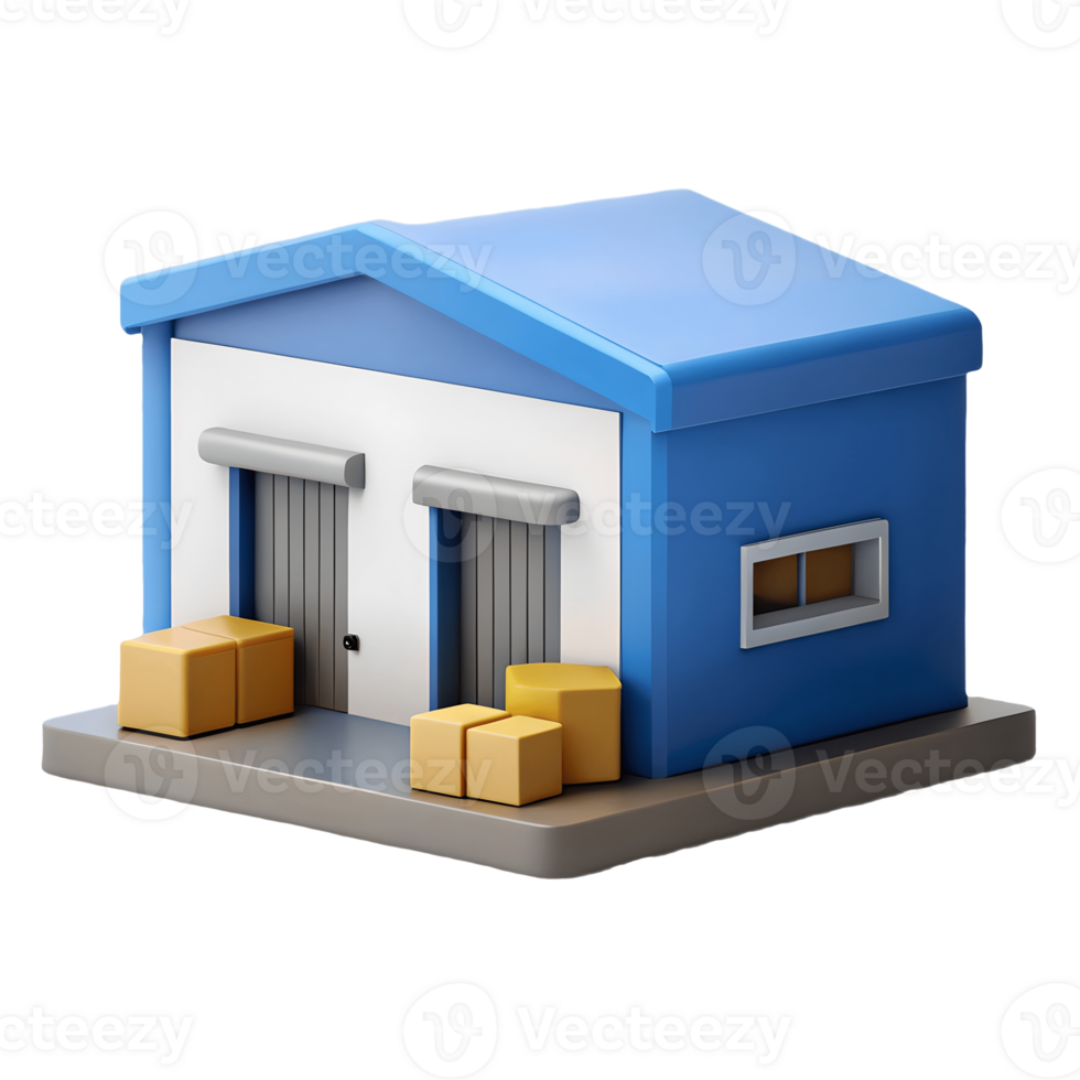 3D rendered blue and white warehouse with yellow boxes, perfect for logistics and storage concepts on a transparent background, . png