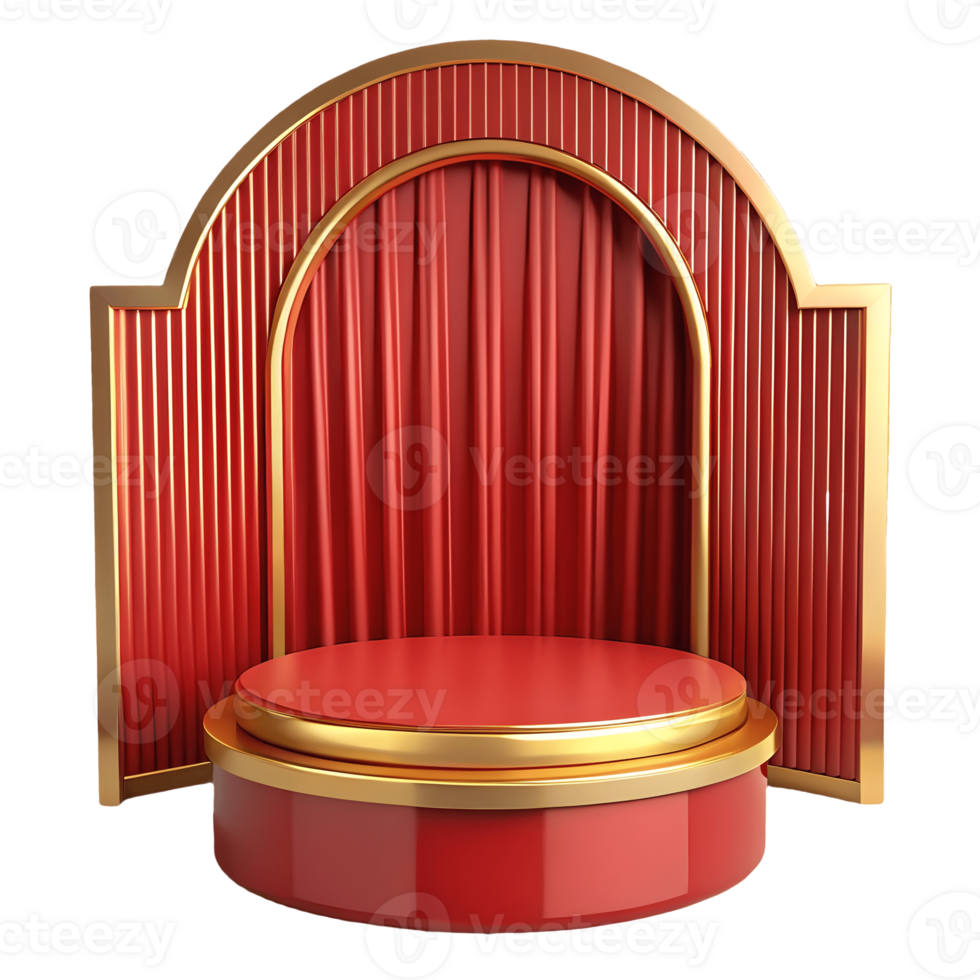 Elegant red and gold podium with a luxurious curtain backdrop, perfect for product displays and presentations on a transparent background, . png
