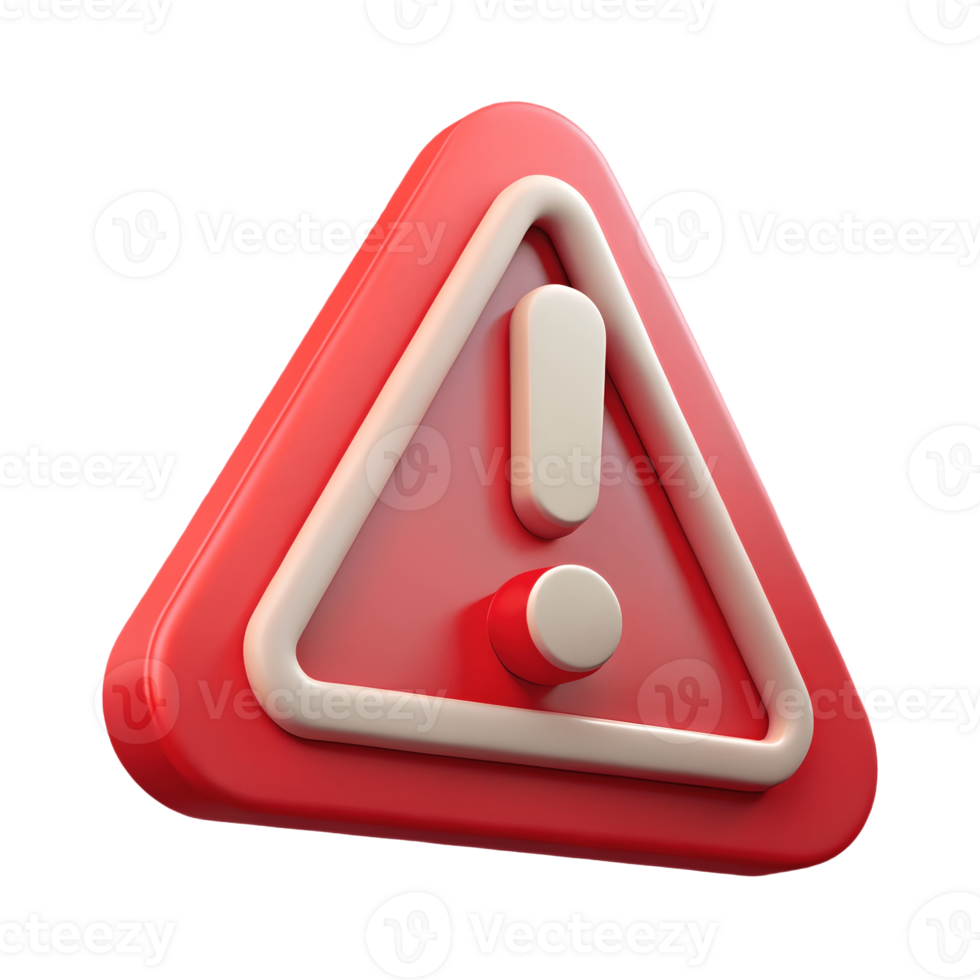 3D Red Triangle Warning Sign with Exclamation Mark on a transparent background, , ideal for safety notices and cautionary designs. png