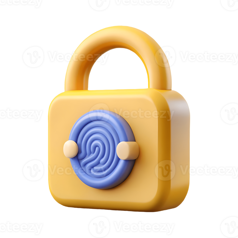 3D yellow padlock with blue fingerprint scanner, symbolizing secure access and modern security technology on a transparent background, . png