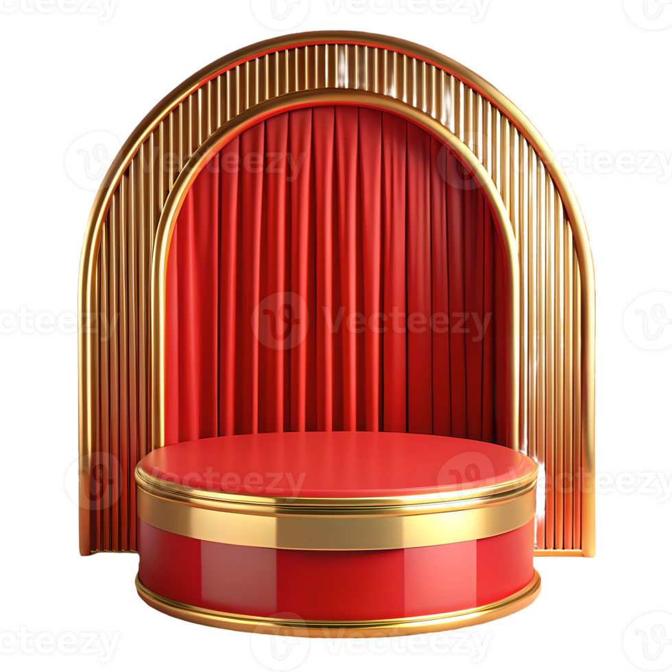 Elegant red and gold podium with a luxurious red curtain backdrop, perfect for product displays on a transparent background, . png