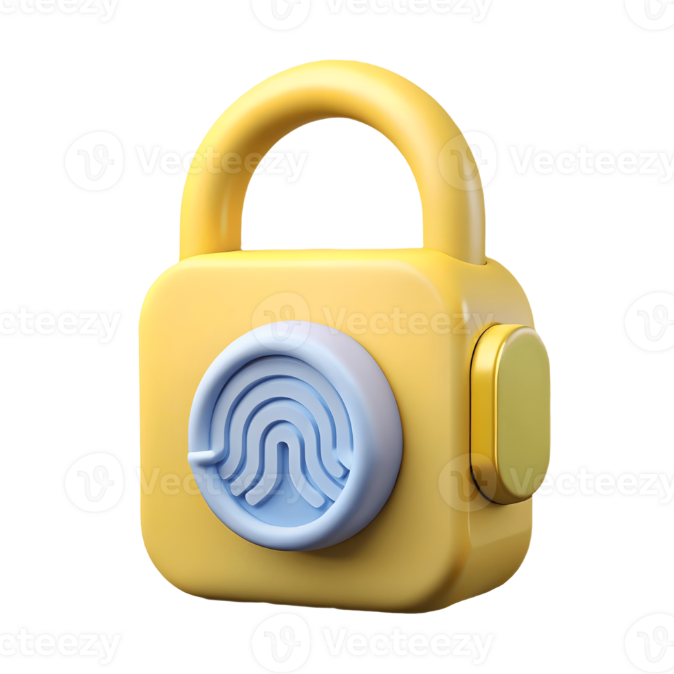 Yellow 3D lock with fingerprint sensor on a transparent background, , symbolizing secure access and modern security technology. png