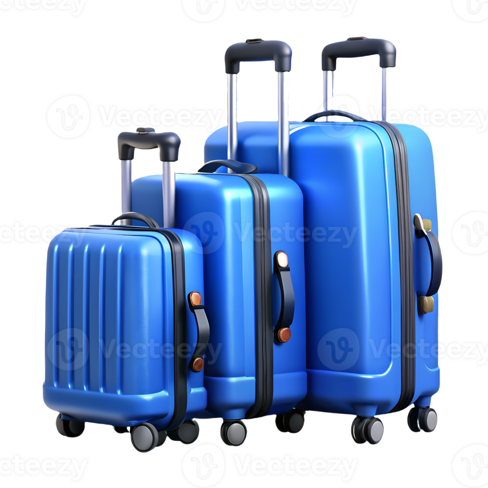 Three blue suitcases of varying sizes with extendable handles and wheels, ideal for travel, isolated on a transparent background, . png