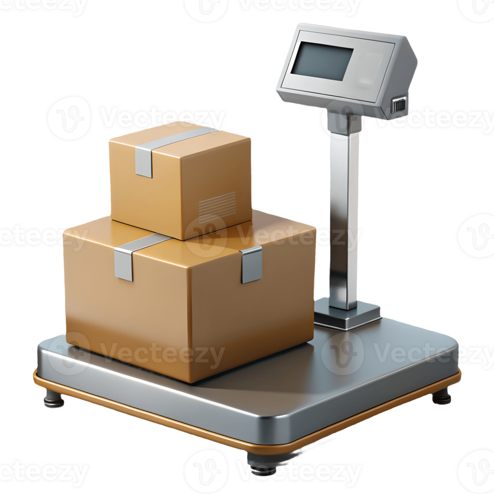 Modern digital scale with two cardboard boxes on a transparent background, png