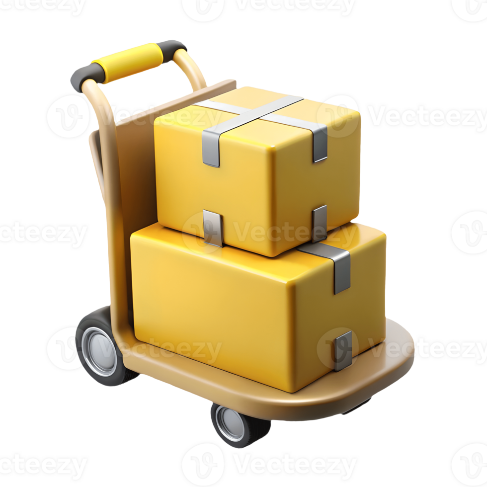 3D rendering of a hand truck with two yellow boxes stacked, ready for delivery or storage, on a transparent background, . png