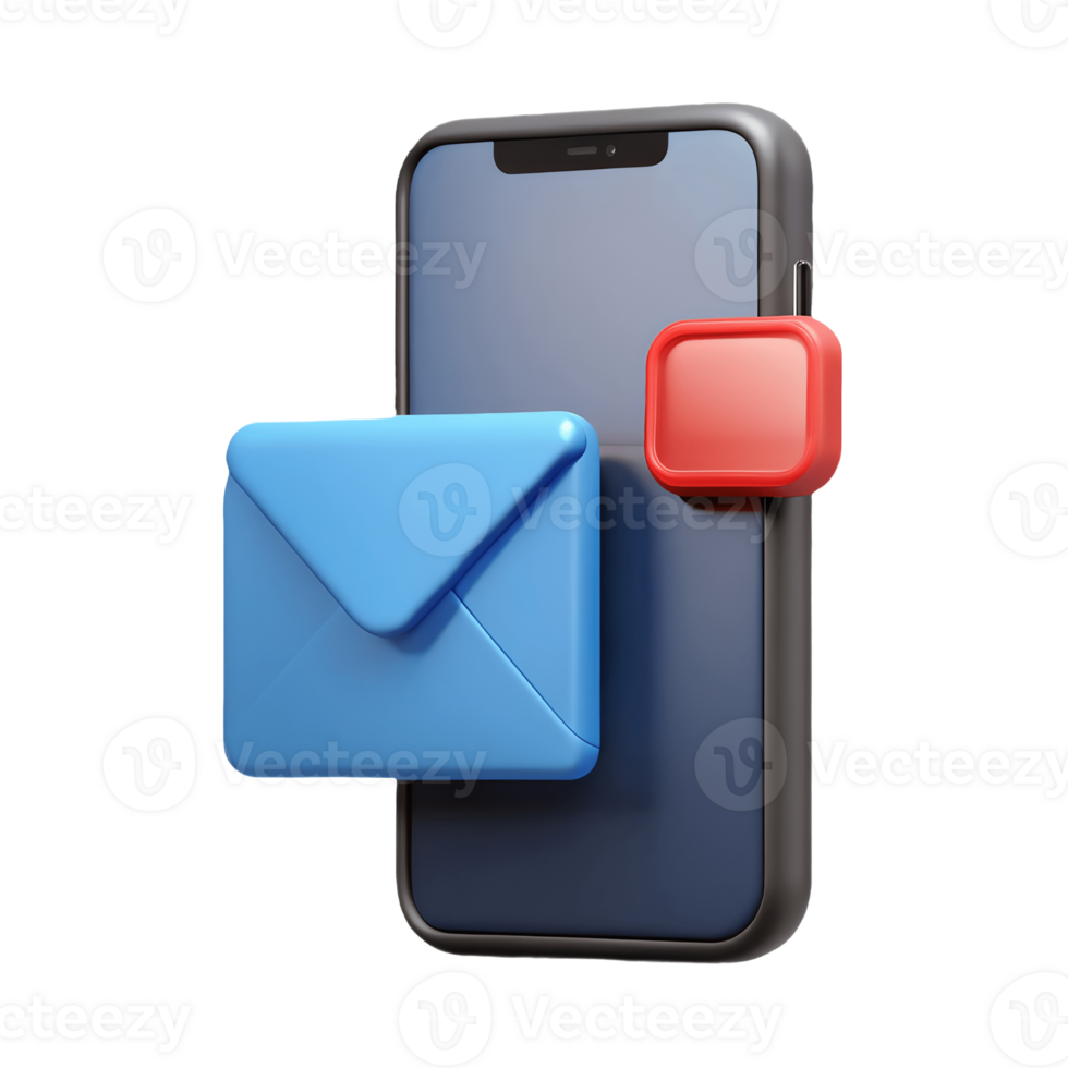 3D smartphone with a blue envelope and red notification icon on a transparent background, , symbolizing new email alert. png