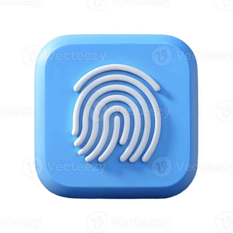 3D Fingerprint Icon on a Blue Rounded Square Button, Modern and Clean Design, Perfect for App Interfaces and Security Features on a transparent background, png