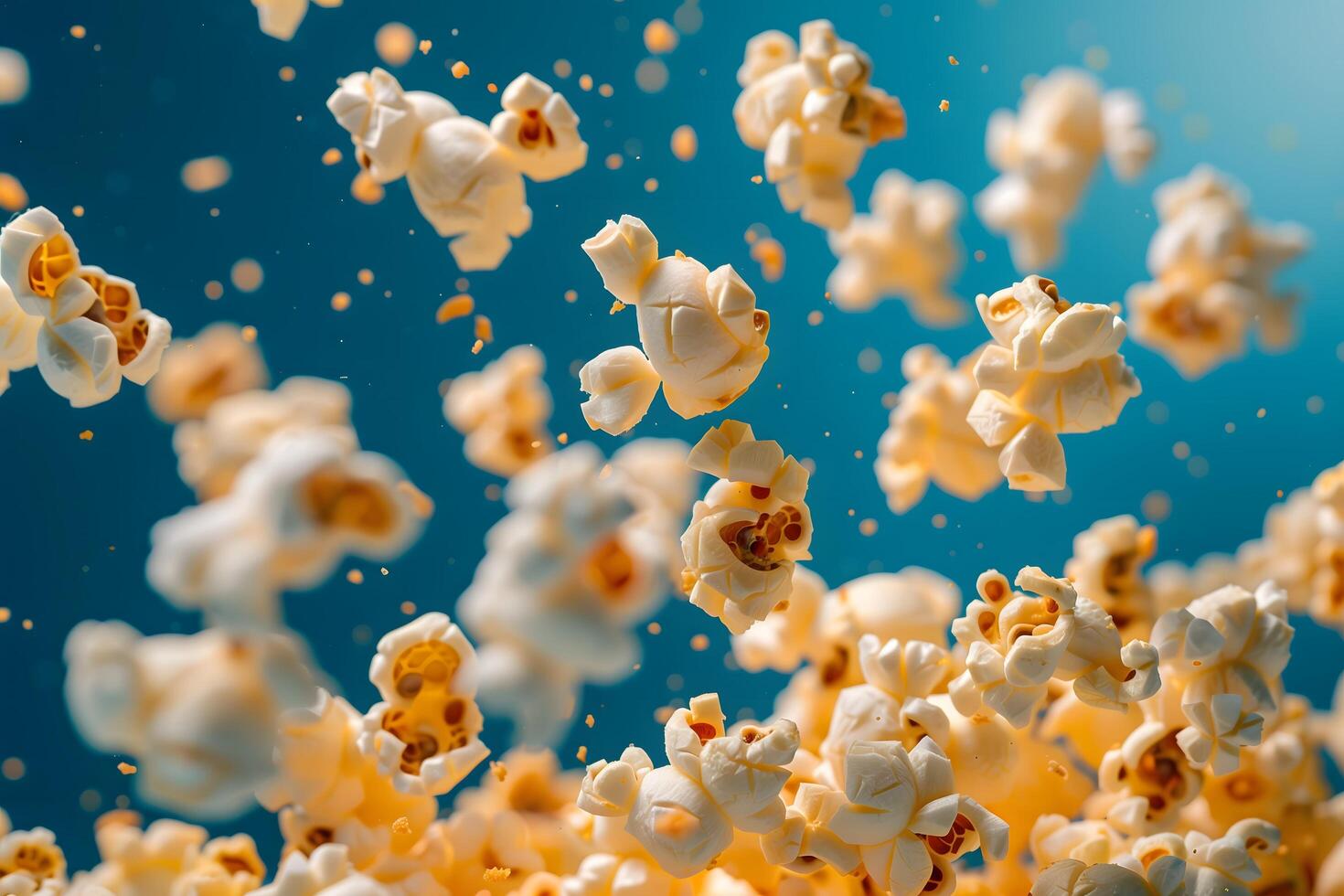 Freshly Popped Buttery Popcorn Flying in the Air Captured with High-Speed Photography photo