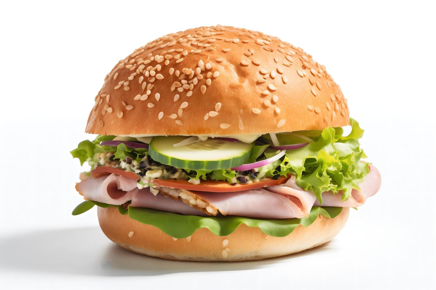 fresh ham sandwich with lettuce and vegetables, isolated on a clean white background photo