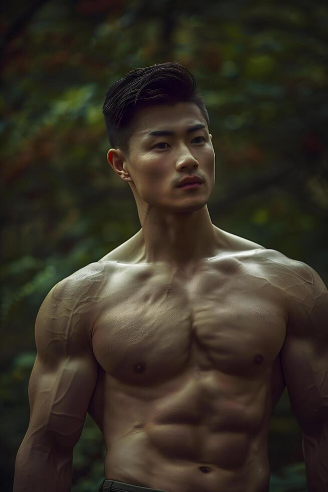 Striking Vertical Portrait of a Shirtless Muscular Asian Man with Sharp Facial Structure photo