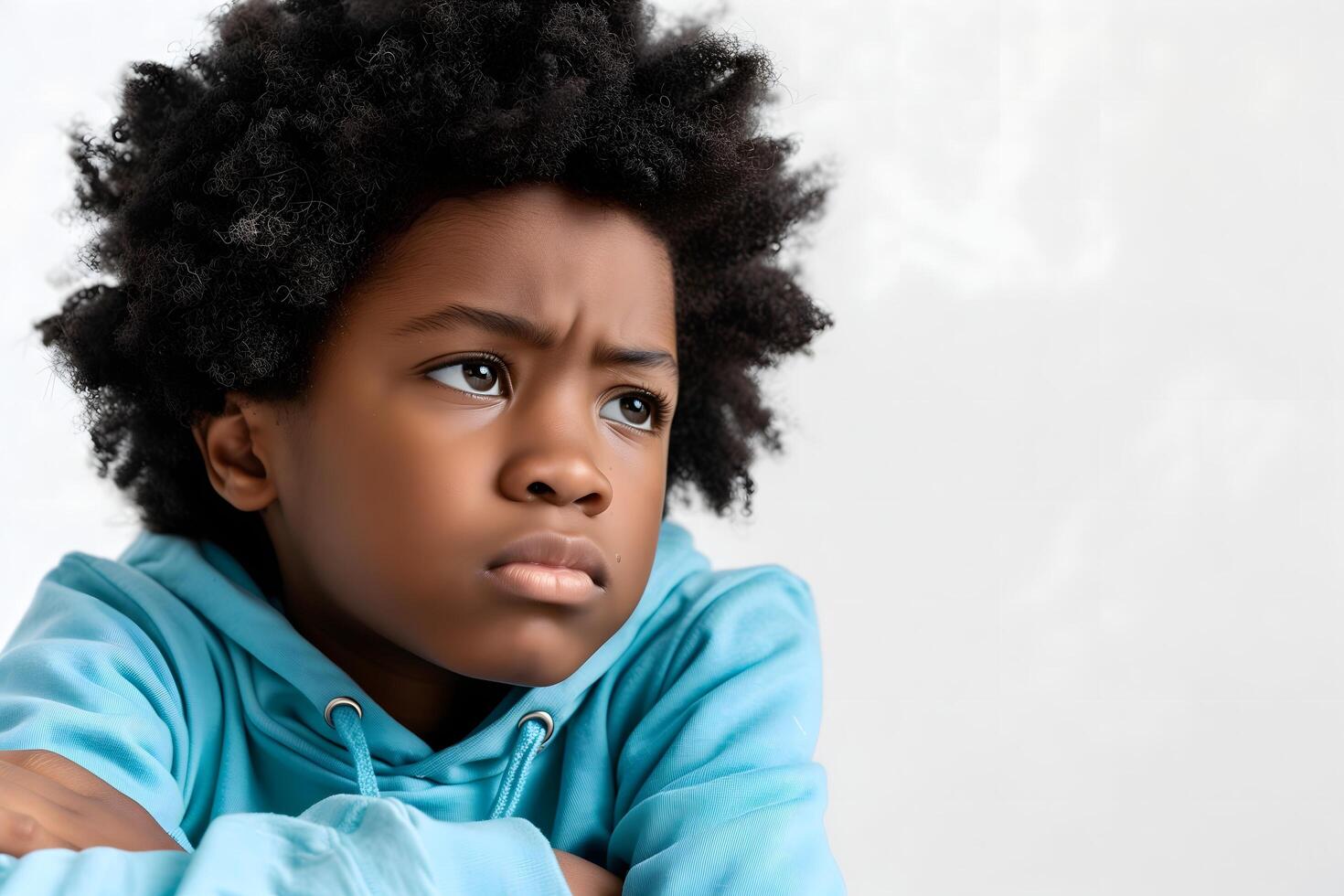 Sharp Close-Up Portrait of a 10-Year-Old African Boy with a Calm Bored photo