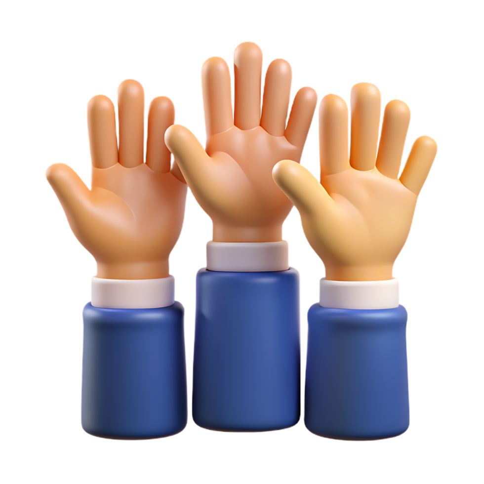 A 3D rendering of three hands raised, symbolizing approval and support in a vibrant and eye-catching design png