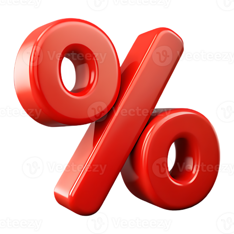 3D render Shiny Red Percentage Sign on Transparant Background for Sales Concepts png