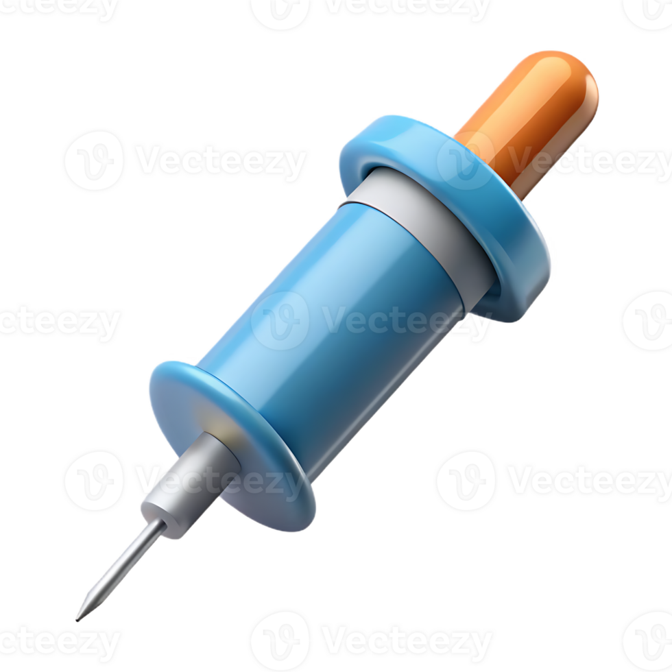 A 3D rendering of a stylized blue and orange injection needle on Transparant background png