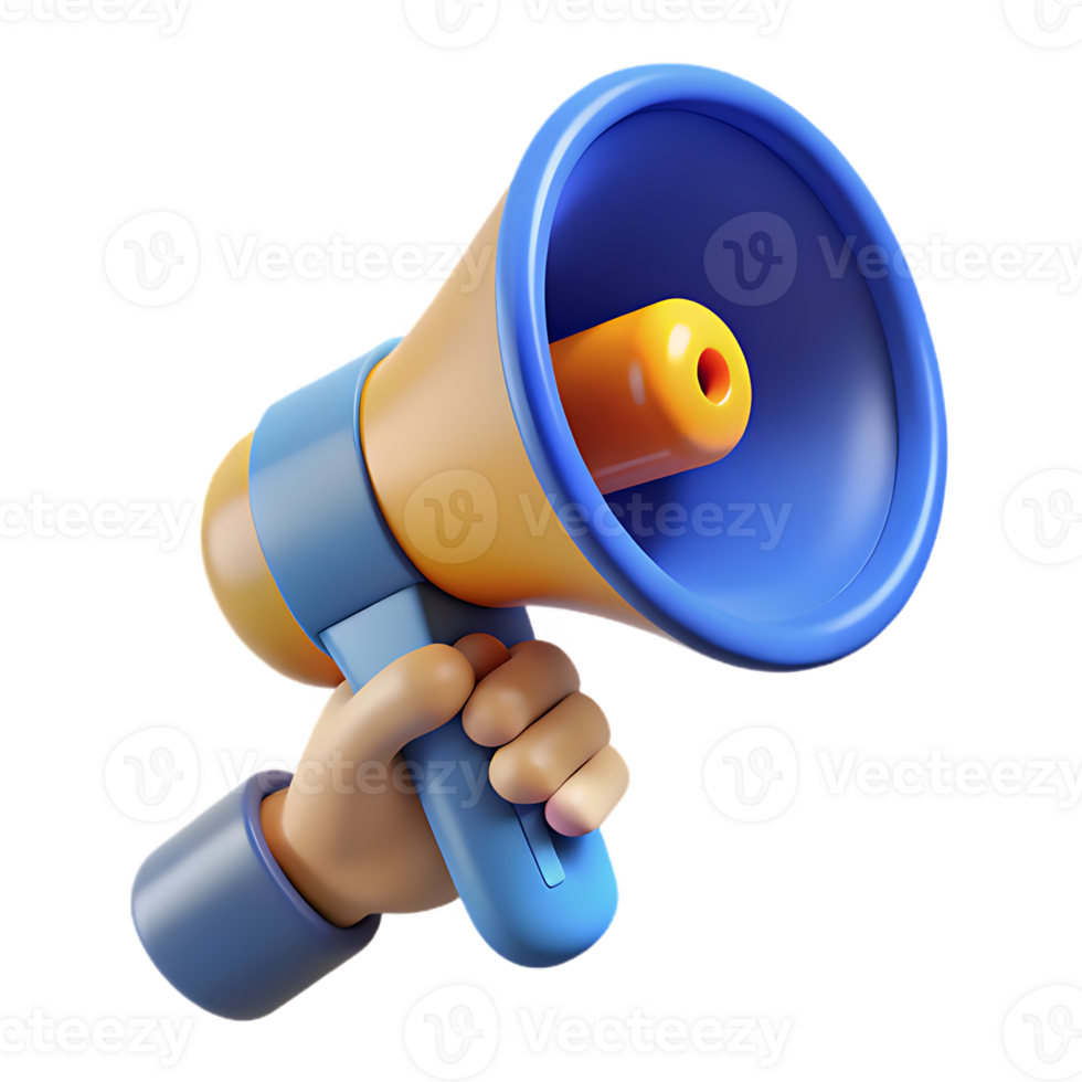 A 3d Cartoon render Hand Holding a Megaphone for Announcement and Presentation png