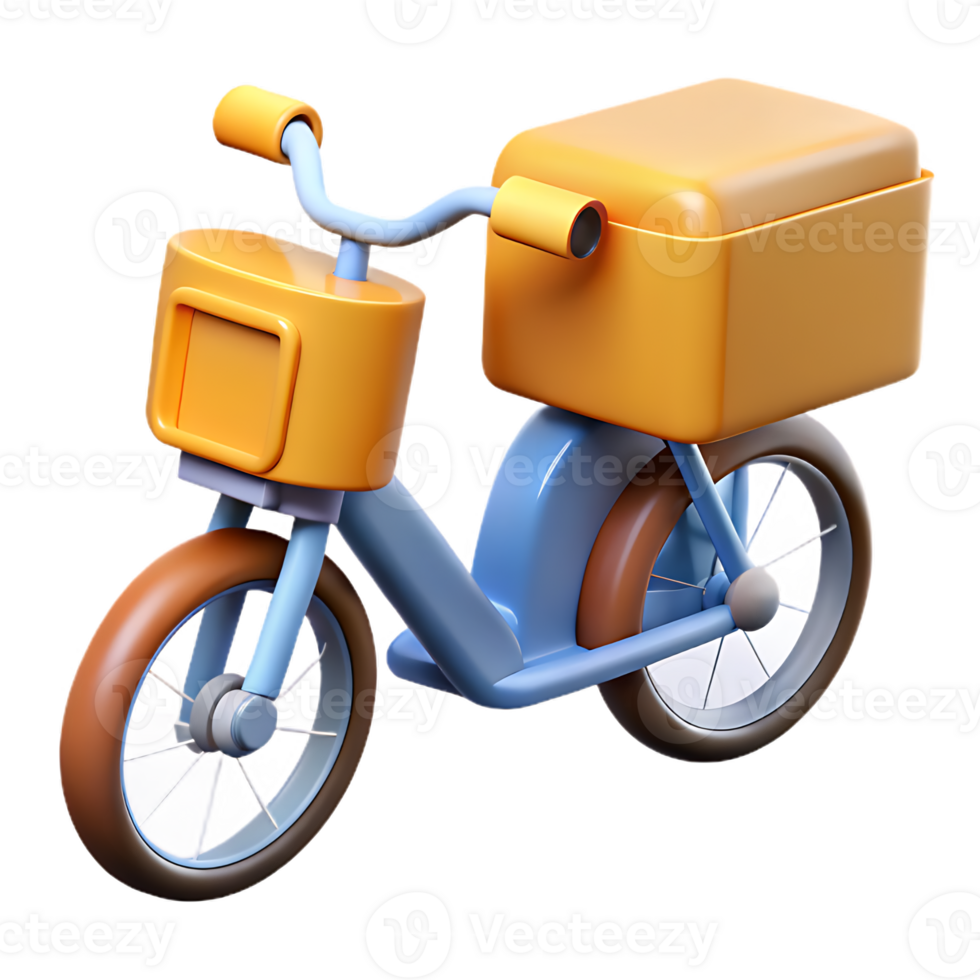 Cute Delivery Bike 3D Render with Yellow Boxes and Smooth Blue Frame Design png