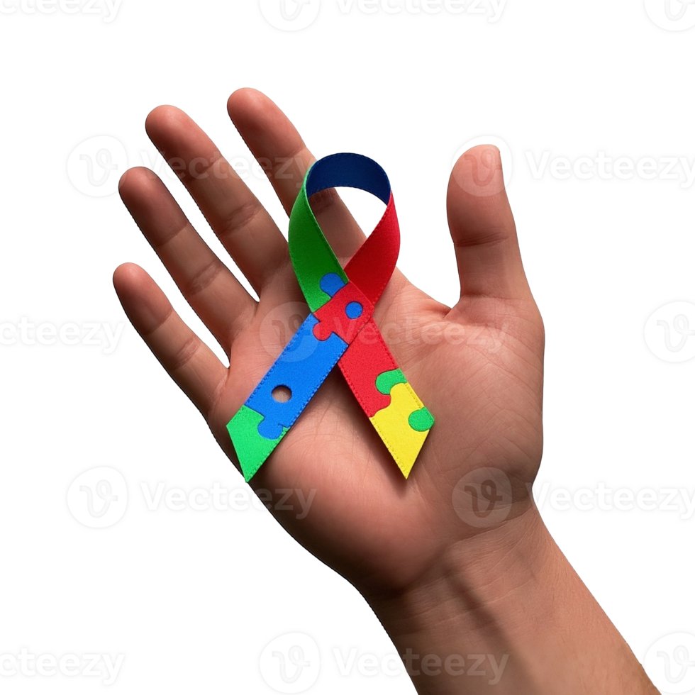 Autism Awareness Ribbon Held In Hand Isolated On Transparent Background png