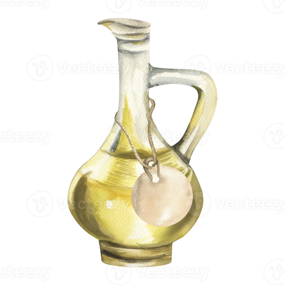 Glass jug with yellow oil and paper tag on rope watercolor illustration. Hand drawn isolated transparent bottle with olive condiment clipart,Italian and Greek cuisine painting for menu,recipe design png