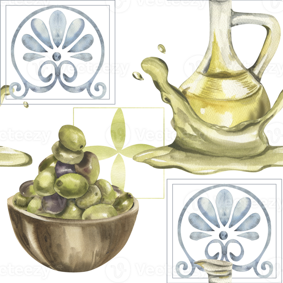 Abstract watercolor seamless pattern with ancient Greek floral motifs,olives bunch in wooden plate,oil glass jug in puddle splash illustration.Hand drawn geometric food background for kitchen decor png