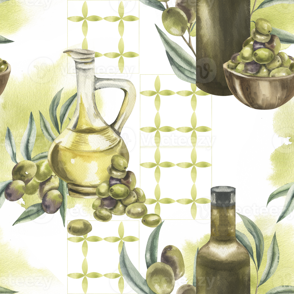 Mediterranean watercolor seamless pattern with olive oil bottle and jug decorated with olive bunch and branches illustration.Hand drawn Provence background with Italian food for kitchen textile design png