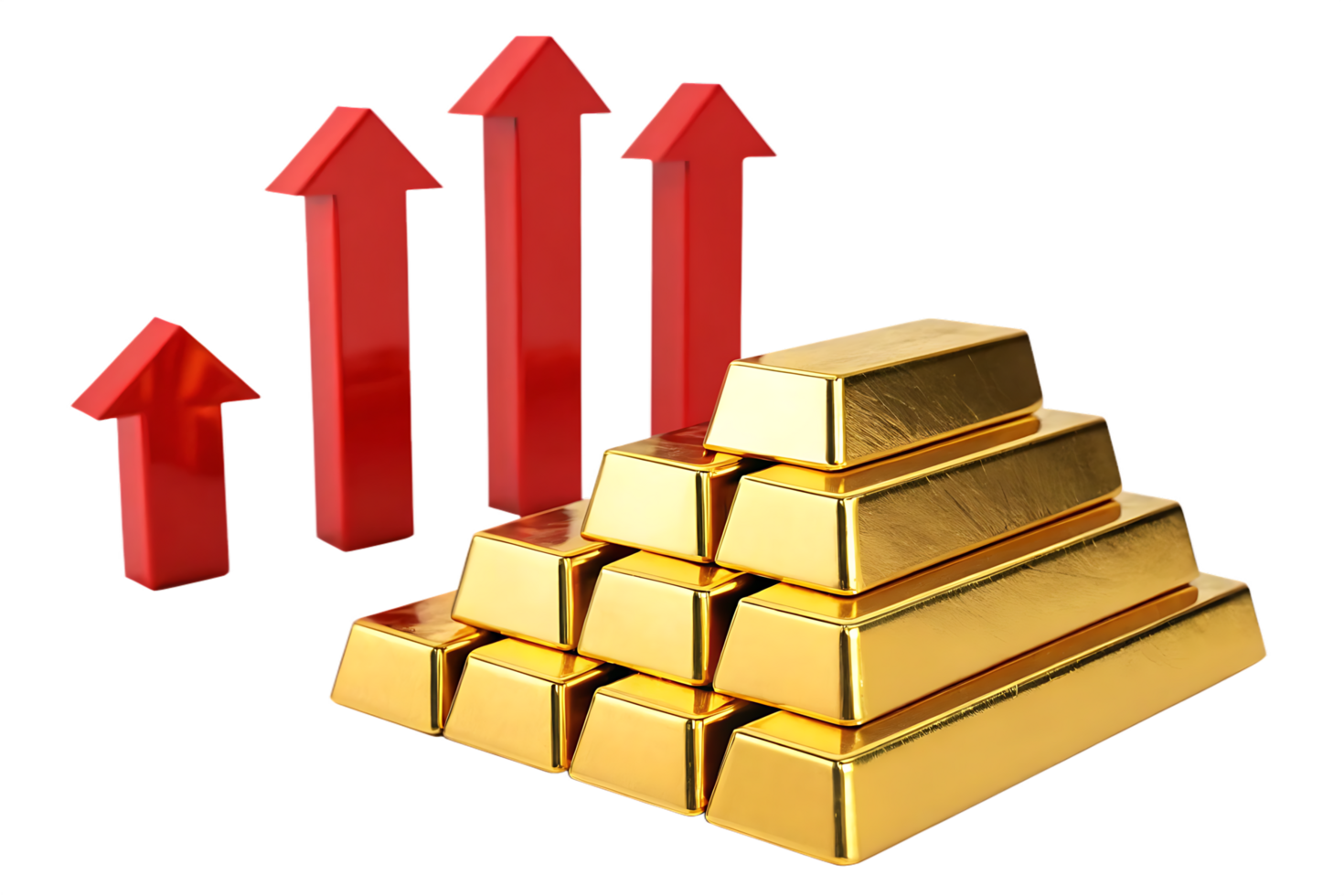 Gold bars with rising red arrows. Concept of investment, wealth, and growth. png