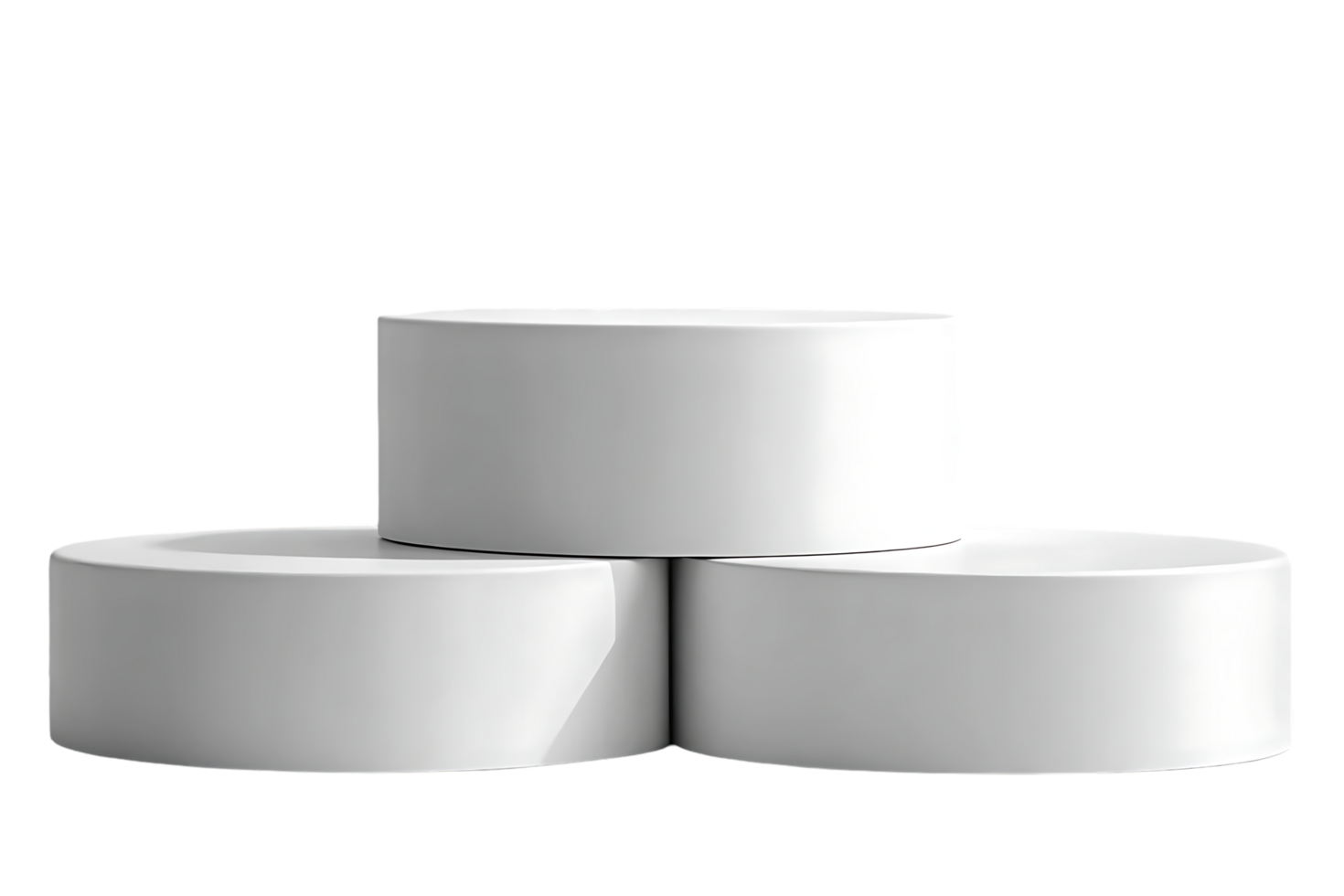 Three white cylindrical podiums, isolated on black background. png