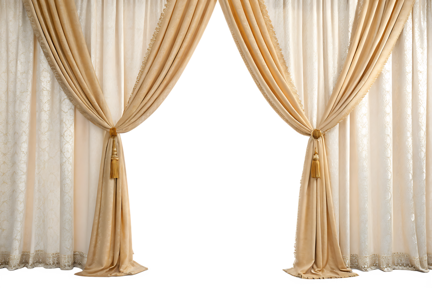 Elegant beige and white curtains with tassels, stage backdrop png