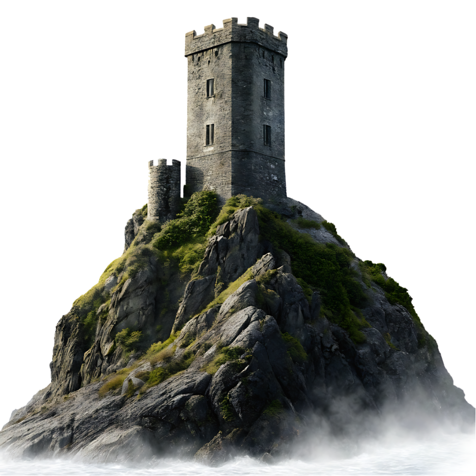 Stone tower on a rocky island, misty sea. png