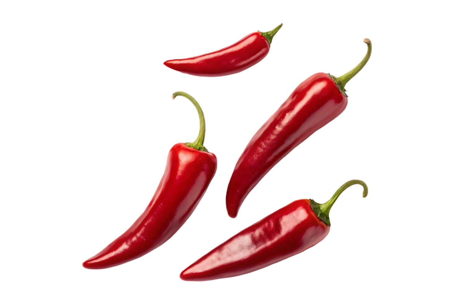 Four vibrant red chili peppers isolated on black background. png