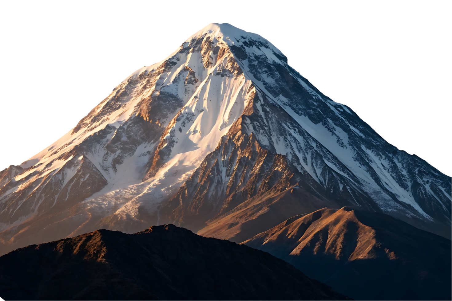 Majestic snow capped mountain peak at sunrise. png